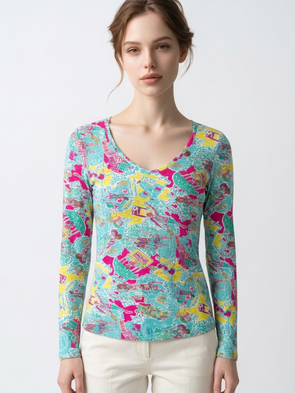 LILLY PULITZER | Wish You Were Here V-Neck Long Sleeve Top Women’s Size X-Small